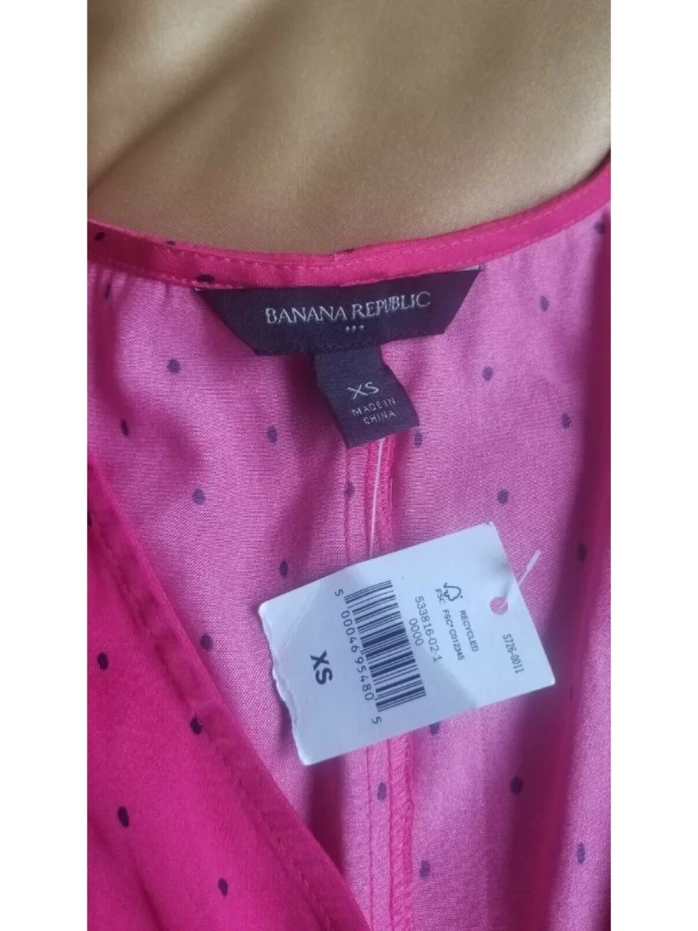 ⭐Sz XS Women Blouse Top Banana Republic Puff Sleeve Fuchsia navy polka dots NEW